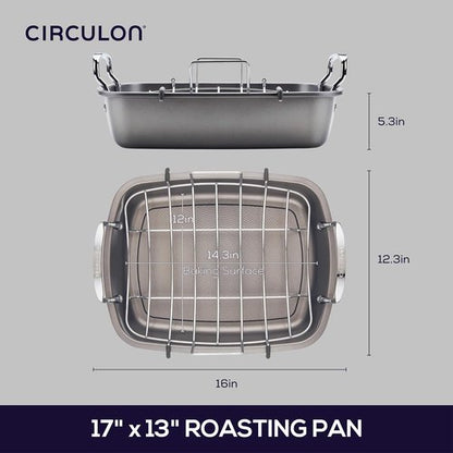 Circulon Total Bakeware Nonstick Roasting Pan with Rack - 17-Inch x 13-Inch, Gray Finish