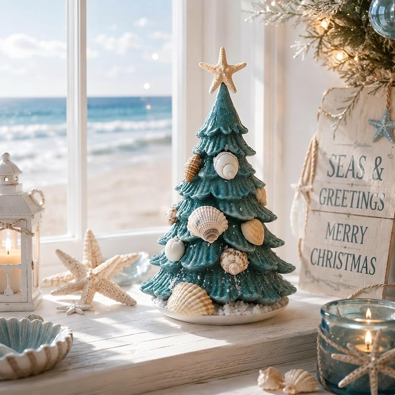 Coastal Christmas Tree Decor - 7.9'' Seashell Resin Tabletop Holiday Figurine