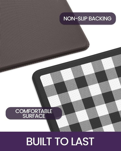 DEXI Buffalo Plaid Kitchen Mat Sets of 2, Cushioned Anti Fatigue Floor Checkered Rug, Waterproof Non Slip Memory Foam Mats for Standing Desk, Home Office, Sink, Laundry, Black & White