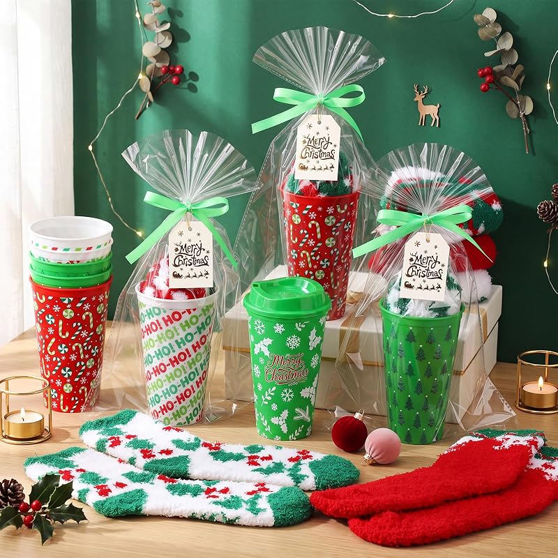 Bulk Christmas Gift Set - 12 Pairs Socks, 12 Mugs, 12 Cards, 20 Gift Bags & Ribbon (12+ Candy Cane)