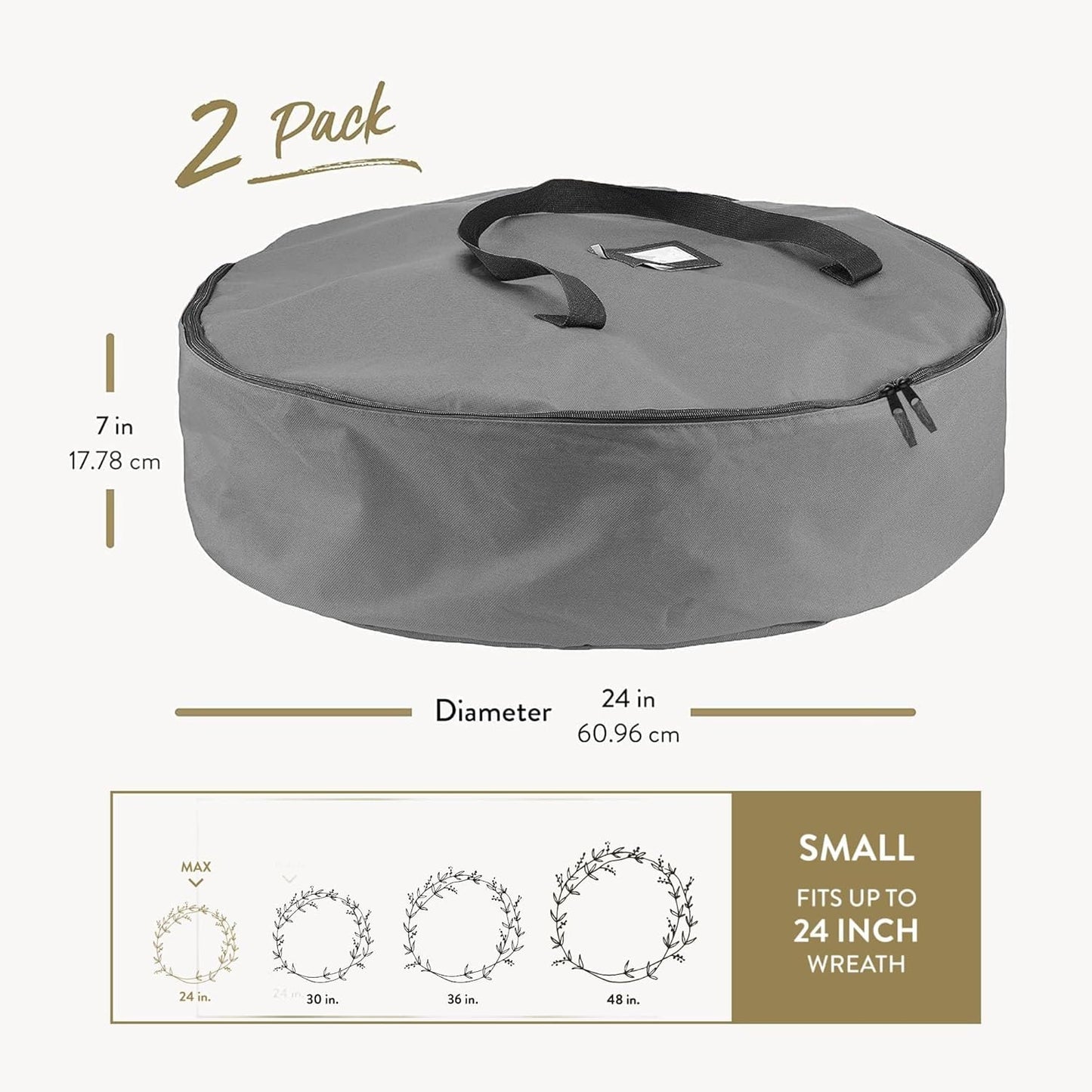ZOBER 24-Inch Oxford Christmas Wreath Storage Container - Waterproof Dual Zipper Bag with Durable Handles - Gray