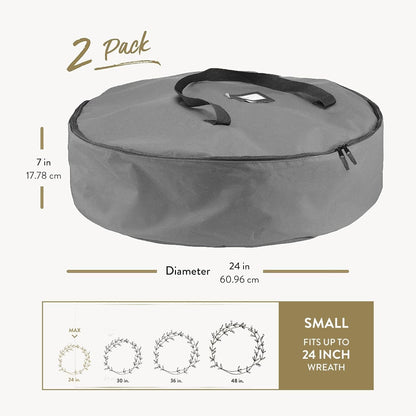 ZOBER 24-Inch Oxford Christmas Wreath Storage Container - Waterproof Dual Zipper Bag with Durable Handles - Gray