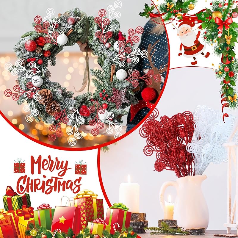 Riceshoot 50 Pcs Christmas Tree Picks Red & White Glitter Sprays - 34 cm