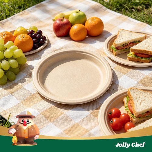 JOLLY CHEF Compostable Heavy Duty Plates 𝟭𝟬 𝗜𝗻𝗰𝗵 [𝟱𝟬𝟬 𝗣𝗮𝗰𝗸] Eco-Friendly Disposable Paper Plates Natural Bagasse Biodegradable Sugarcane Bulk for Party Hot Cold Dinner Christmas (Brown)