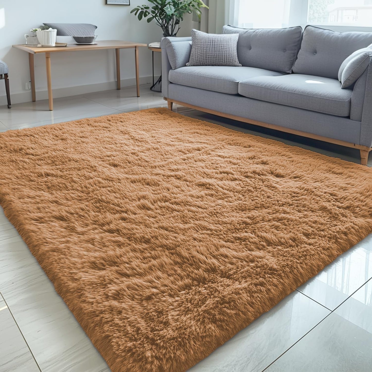 OLANLY Large 5x8 Machine Washable Area Rug - Soft Fluffy Shaggy Carpet for Living Room & Bedroom | Khaki