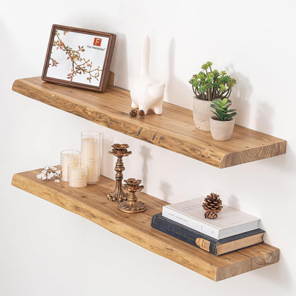 Rustic Elm Wood Floating Shelves by [Brand Name] - Heavy-Duty Live-Edge Design, 36"x9.3", Set of 2 for Home Decor