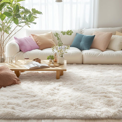 OLANLY Area Rugs - Soft Fluffy Shaggy Indoor Carpet for Living Room & Bedroom | Ivory 4x11