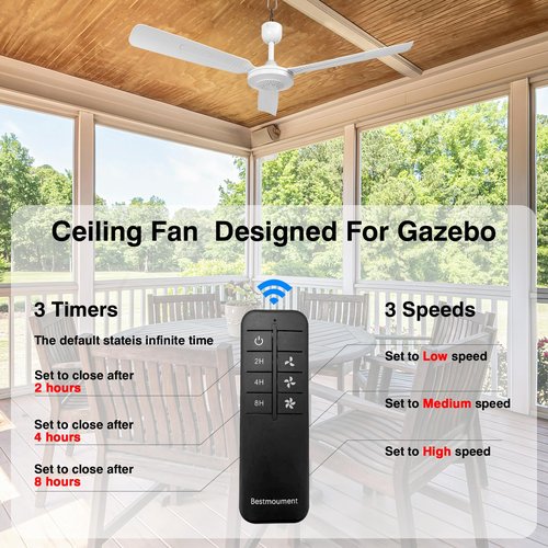 bestmoument 28-Inch Outdoor Ceiling Fan for Gazebo ，3-Speed 3-Timer，12V Remote Control ，Patio Pergola (with 9.8 feet Extension Cord)