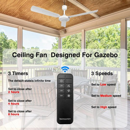 bestmoument 28-Inch Outdoor Ceiling Fan for Gazebo ，3-Speed 3-Timer，12V Remote Control ，Patio Pergola (with 9.8 feet Extension Cord)
