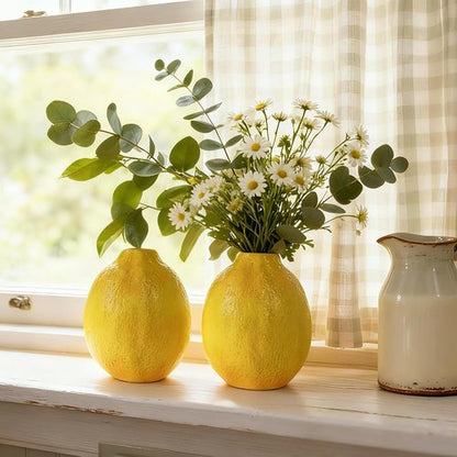 Cynkeyee Unique Lemon-Shaped Vases - Set of 2 Ceramic Decor for Flowers | 3.5 x 3.5 x 4.5 Inch