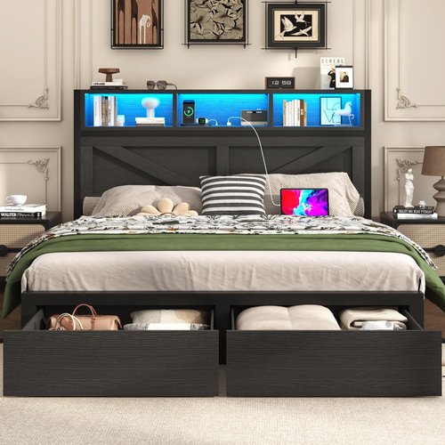 Incyneva Full Bed Frame - Farmhouse Design with Bookcase Storage, Charging Station & LED Light - Black