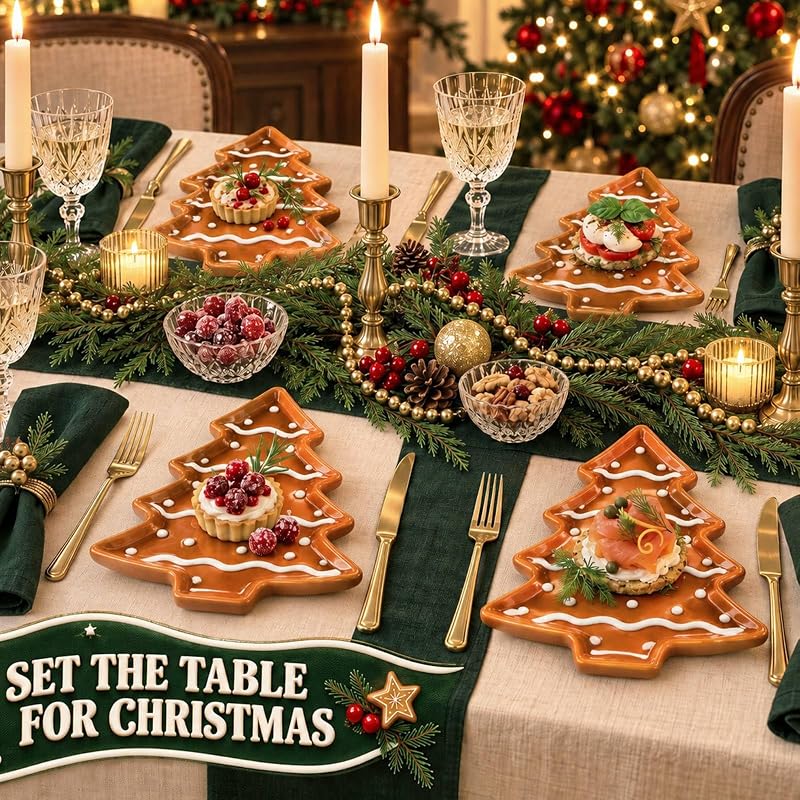 FillTouch 4 Pcs 5.9'' Christmas Gingerbread Tree Ceramic Plates - Brown