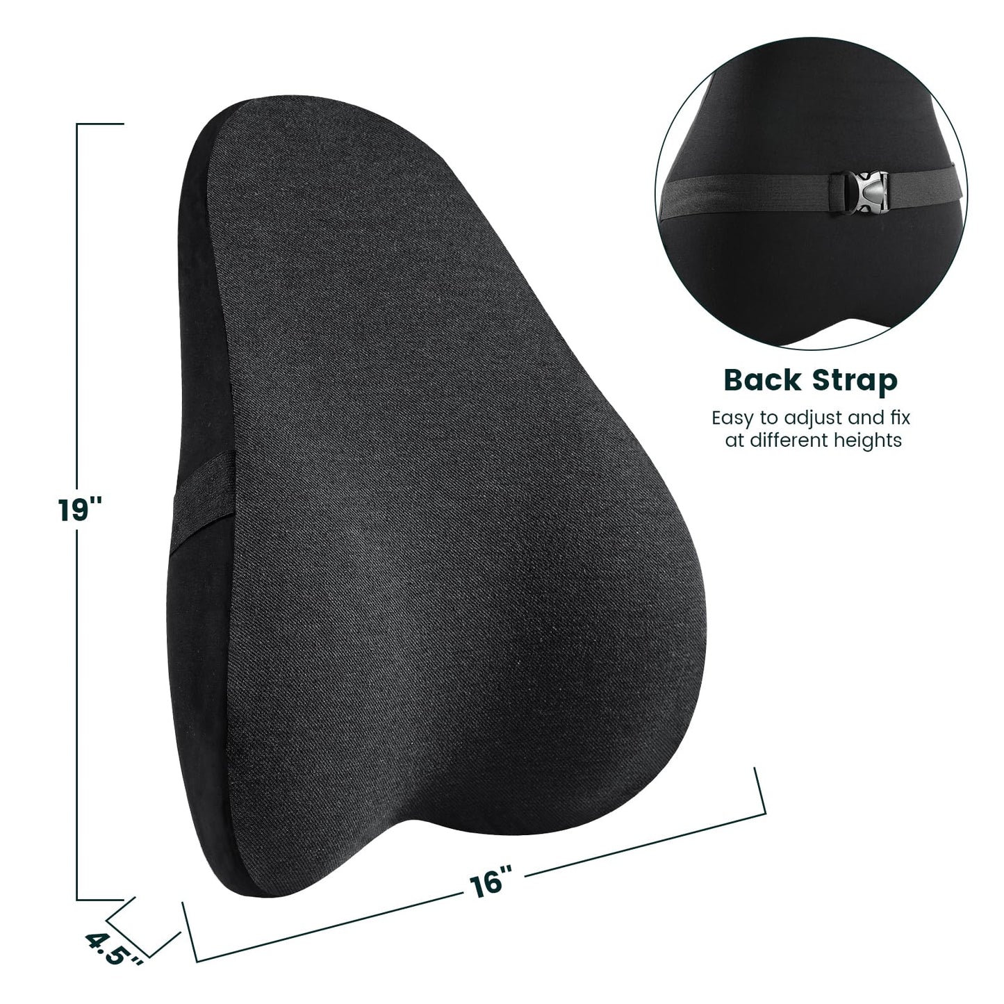 Memobarco Lumbar Support Pillow, Patented Ergonomic Back Support for Lower Back Pain Relief, Back Cushion with Strap for Office Chair, Sofa, Recliner, Car, Plane, Memory Foam, Washable Cover, Black