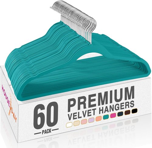 HOUSE DAY Mint Green Velvet Hangers - 60 Pack Non-Slip Heavy Duty Suit Hangers | Space-Saving Design with 360° Rotating Hook