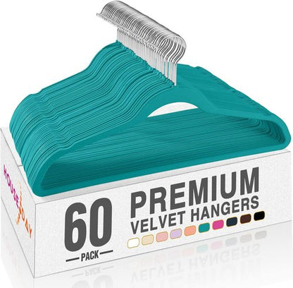 HOUSE DAY Mint Green Velvet Hangers - 60 Pack Non-Slip Heavy Duty Suit Hangers | Space-Saving Design with 360° Rotating Hook