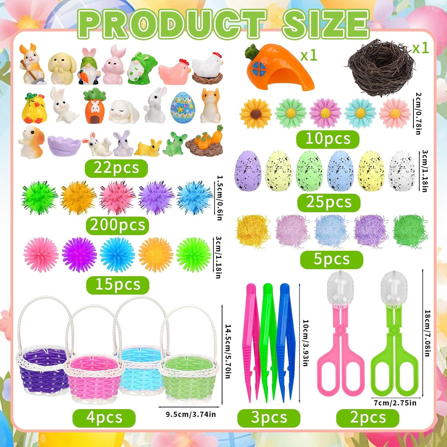 Skiennix Easter Sensory Bin Filler | 287 Pcs with Eggs, Bunnies, Felt Flowers & Pom Poms for Counting Fun