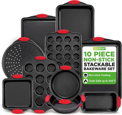 NutriChef 10-Piece Nonstick Baking Pans Set - Premium Carbon Steel Bakeware with Silicone Handles | Easy to Clean
