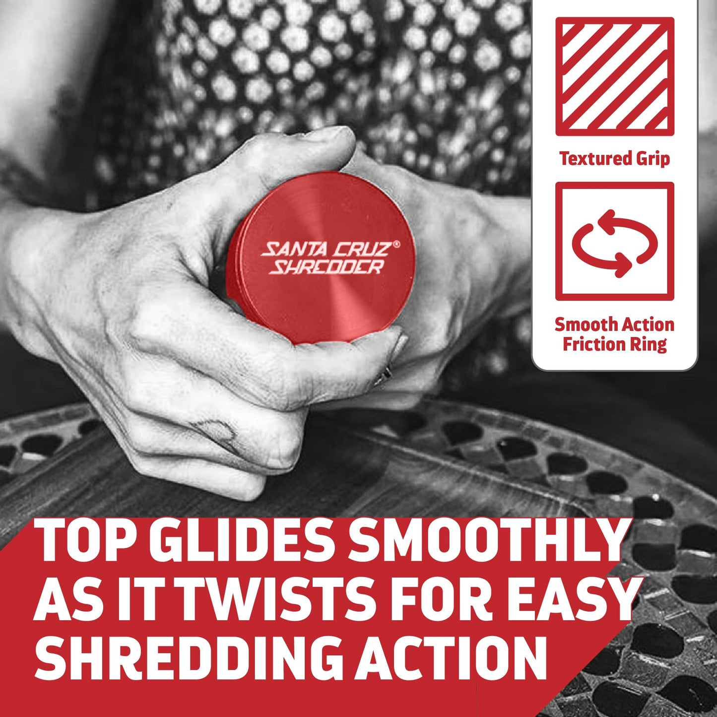 Santa Cruz Shredder Metal Herb Grinder Knurled Top for Stronger Grip 3-Piece Medium 2.2" (Red)