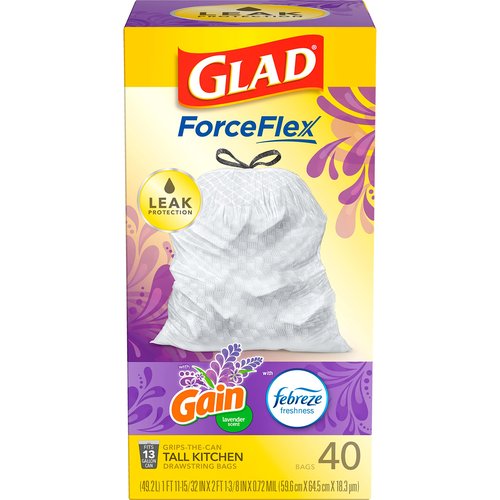 Glad ForceFlex Tall Kitchen Trash Bags, 13 Gallon, Gain Lavender, 40 Count (Package May Vary)