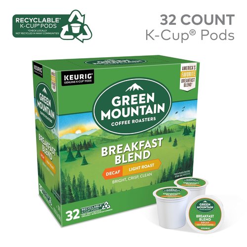 Green Mountain Coffee Roasters Breakfast Blend Decaf Coffee | Light Roast K-Cup Pods, 32 Count