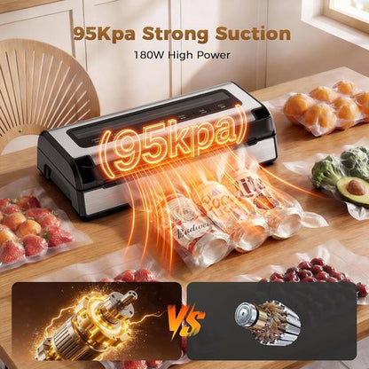 Automatic Food Vacuum Sealer Machine - 180W Hands-Free Kitchen Sealer with Built-In Cutter & Storage | Includes 2 Rolls & 10 Bags