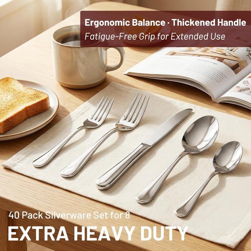 KIKCOIN 40-Pack Stainless Steel Silverware Set - Heavy-Duty Mirror Polished Cutlery for 8 | Perfect for Home, Kitchen, and Weddings