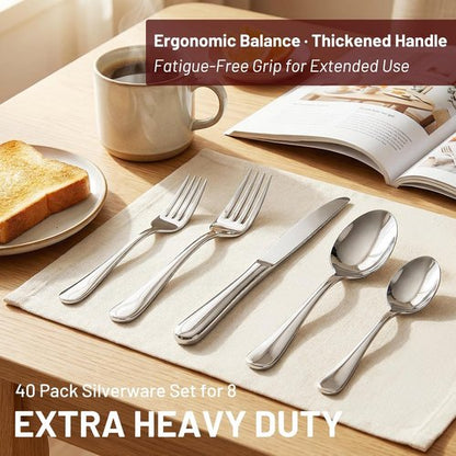 KIKCOIN 40-Pack Stainless Steel Silverware Set - Heavy-Duty Mirror Polished Cutlery for 8 | Perfect for Home, Kitchen, and Weddings