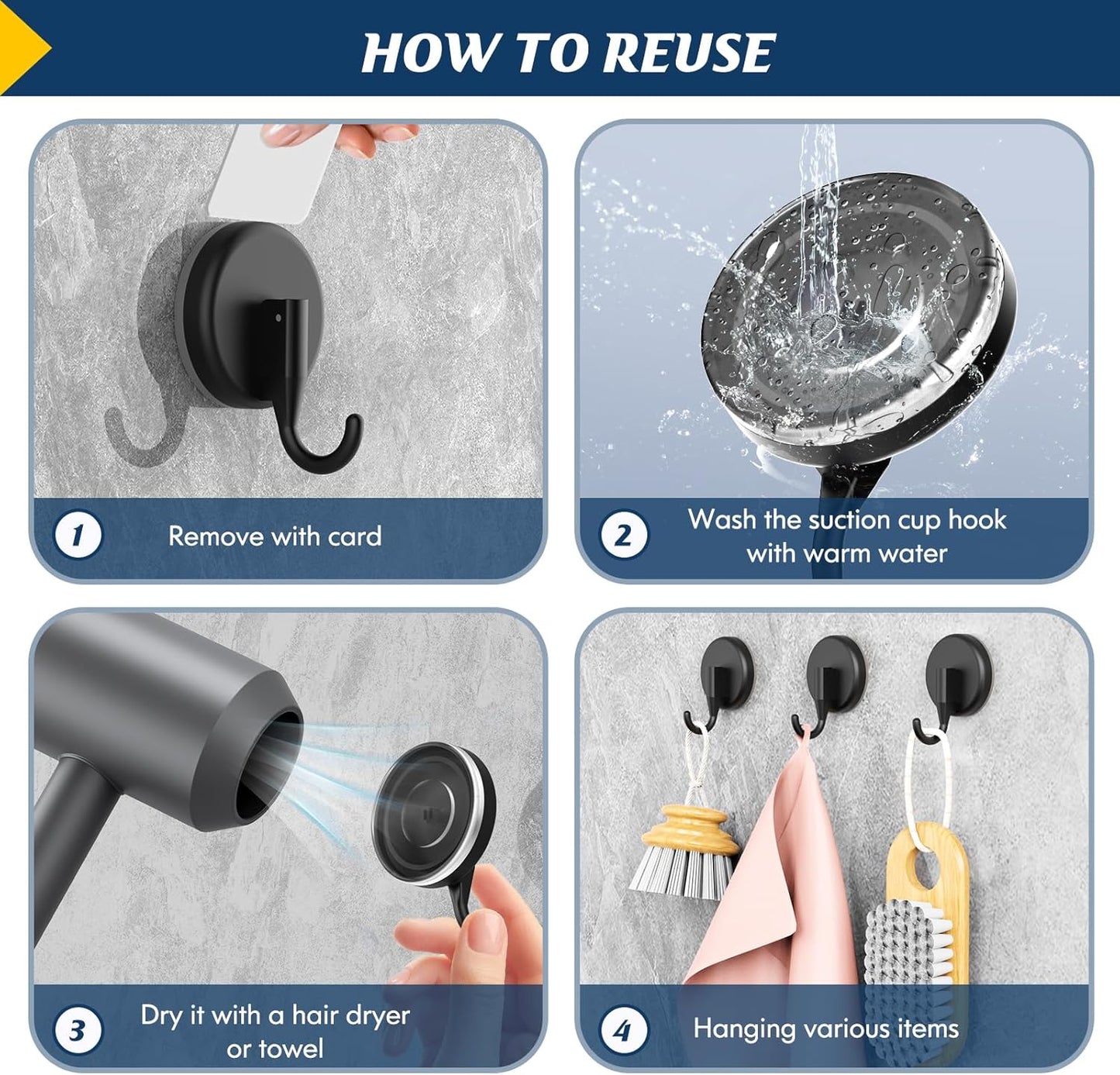 MOTAIPEAK Suction Cup Hooks - Versatile Shower Hooks for Towel & Robe Hanging | Black (2 Pack)