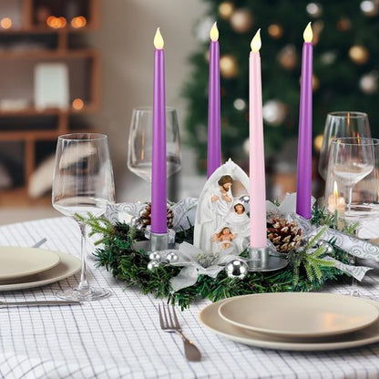 Jingmore Advent Candle Holder Kit - 6 Pcs with 12'' Wreath, Nativity Scene & 4 LED Candles for Christmas Decor