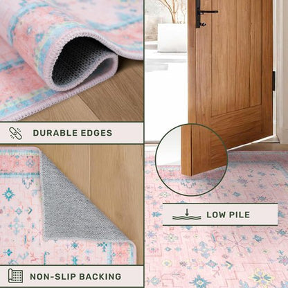 Hazo Haus Nursery Area Rug 4x6 - Charming Pink Boho Vintage Design | Washable Non-Slip for Kids Rooms