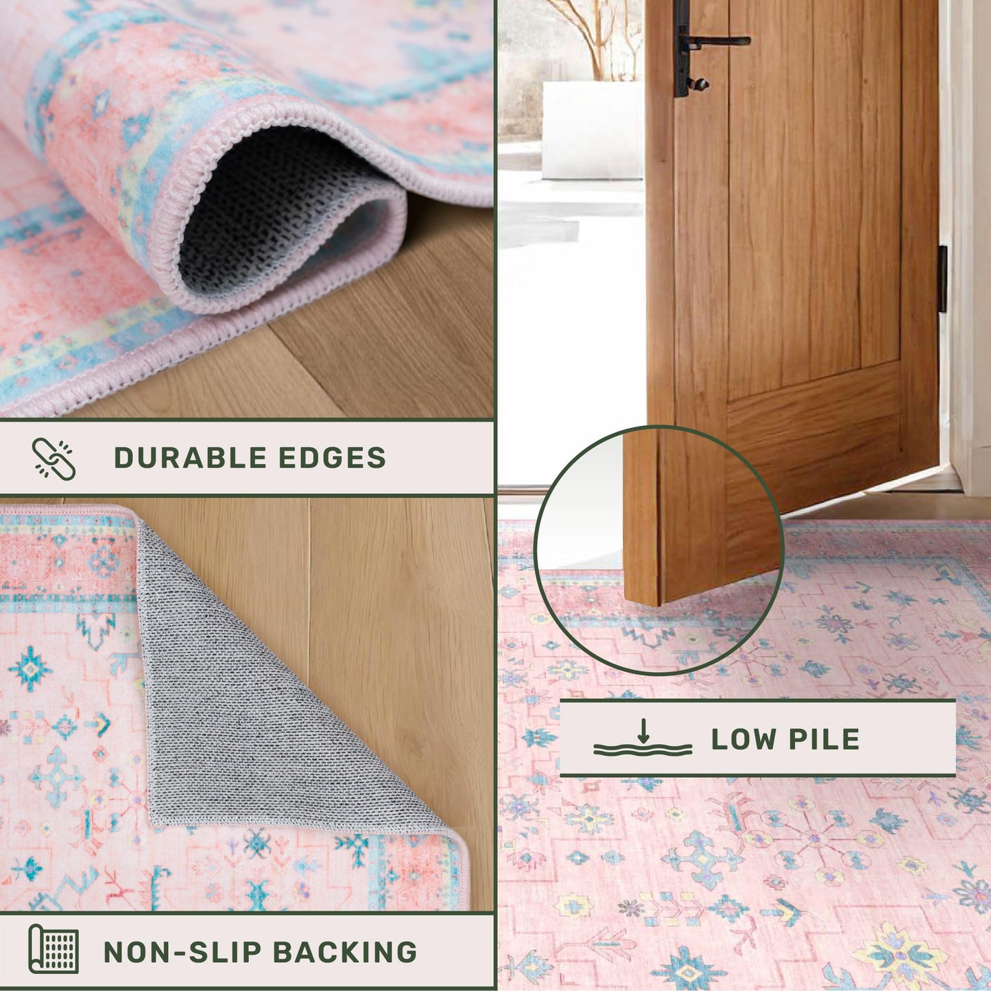 Washable 3x5 Pink Rugs for Girls Bedroom Beside Bed, Nursery Rug, Soft Faux Wool Low Pile Non Slip Stain Resistance Carpet, Pink & Blue