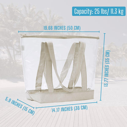 VENO Clear Beach Bag - Large Transparent Tote for Swim, Pool & Gym | Summer Vacation Essentials - Beige