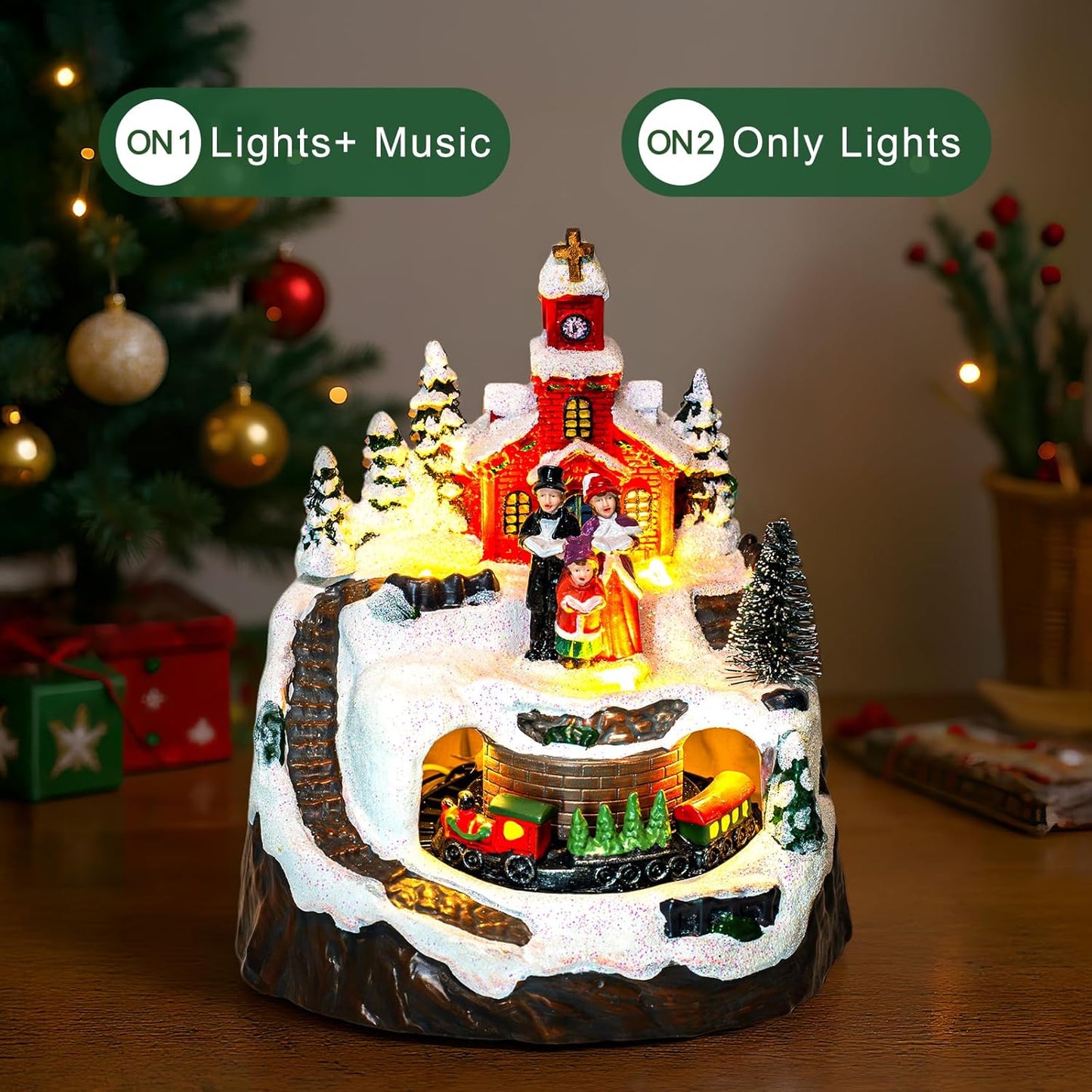 MXwcy Animated Christmas Village Decoration - Lighted Church Choir & Moving Train | Holiday Centerpiece