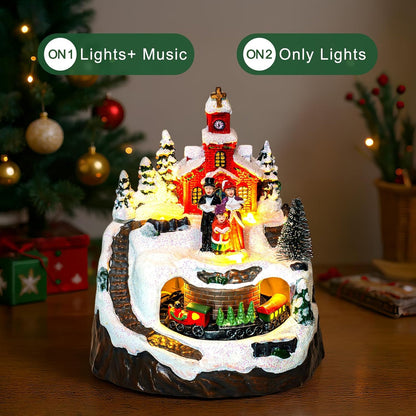 MXwcy Animated Christmas Village Decoration - Lighted Church Choir & Moving Train | Holiday Centerpiece