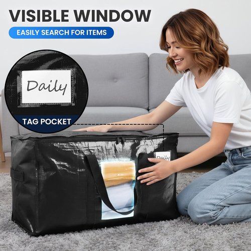 **TAILI Extra Large Heavy Duty Moving Bags - 4 Pack Black Totes with Visible Window & Wrap Around Handles**