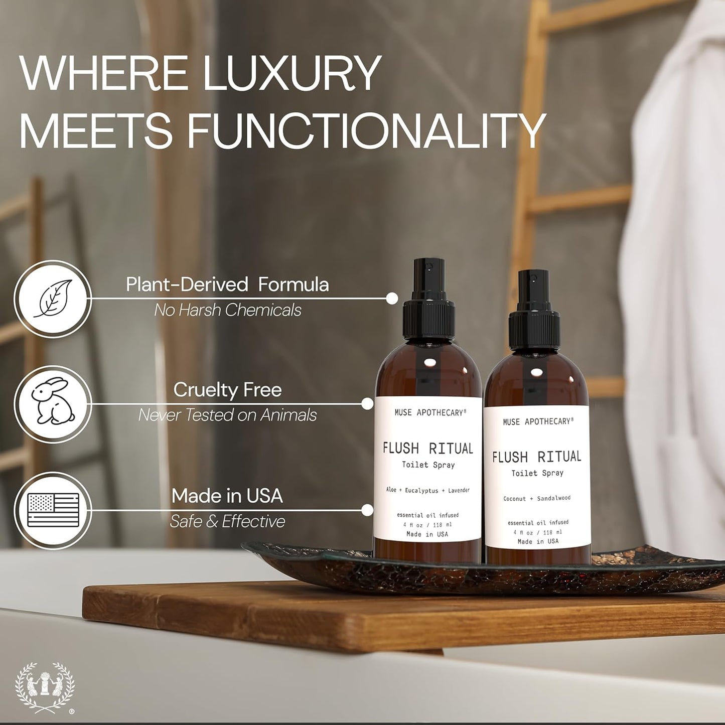 Muse Apothecary Flush Ritual - Aromatic Toilet Spray with Natural Essential Oils | Coconut & Sandalwood, 4 oz