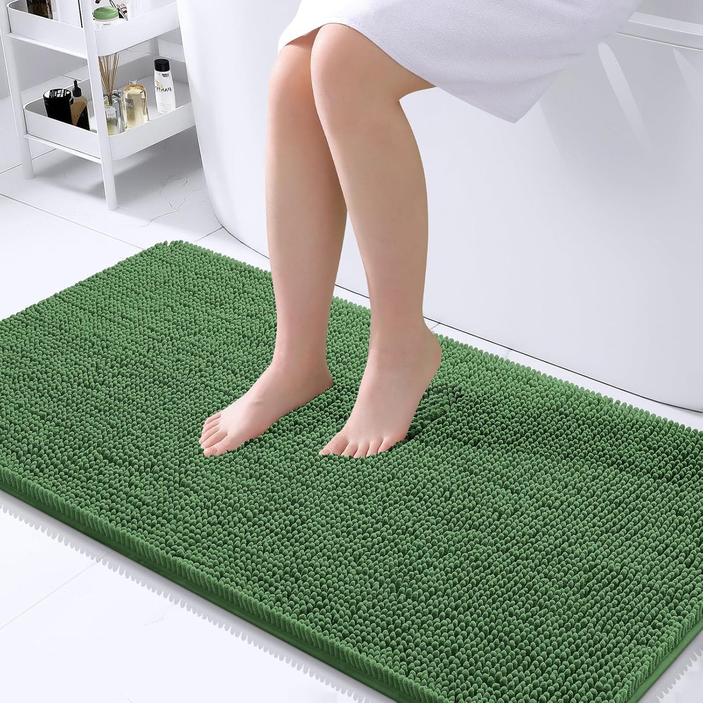 OLANLY Bathroom Runner Rugs - Soft Absorbent Chenille Bath Mats | Quick Dry, Machine Washable, 44x24, Olive Green