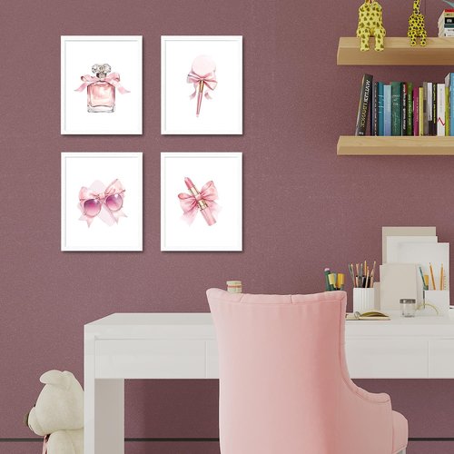JINYO Coquette Pink Bow Wall Art Prints - Set of 4 Preppy Girly Decor for Girls' Room | 8x10 Unframed