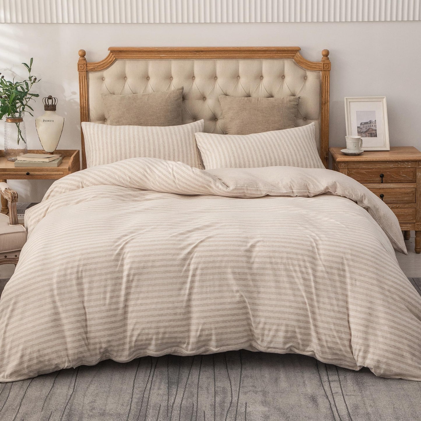 PURE ERA Jersey Knit Duvet Cover Set 100% T-Shirt Heather Cotton Super Soft Comfy Classic Striped Design, with Zipper Closure, Heather Beige Stripe, King