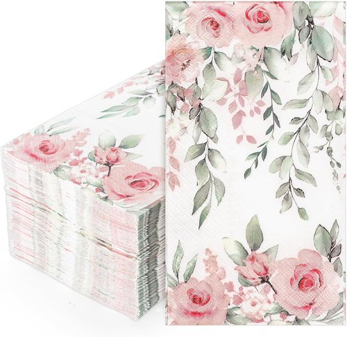 FYSUIMU Floral Guest Napkins - 100 Pcs Greenery Design with Spring Roses & Eucalyptus | Disposable Paper Towels for Weddings & Parties