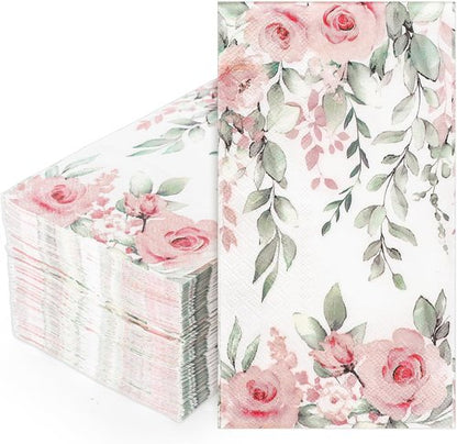 FYSUIMU Floral Guest Napkins - 100 Pcs Greenery Design with Spring Roses & Eucalyptus | Disposable Paper Towels for Weddings & Parties