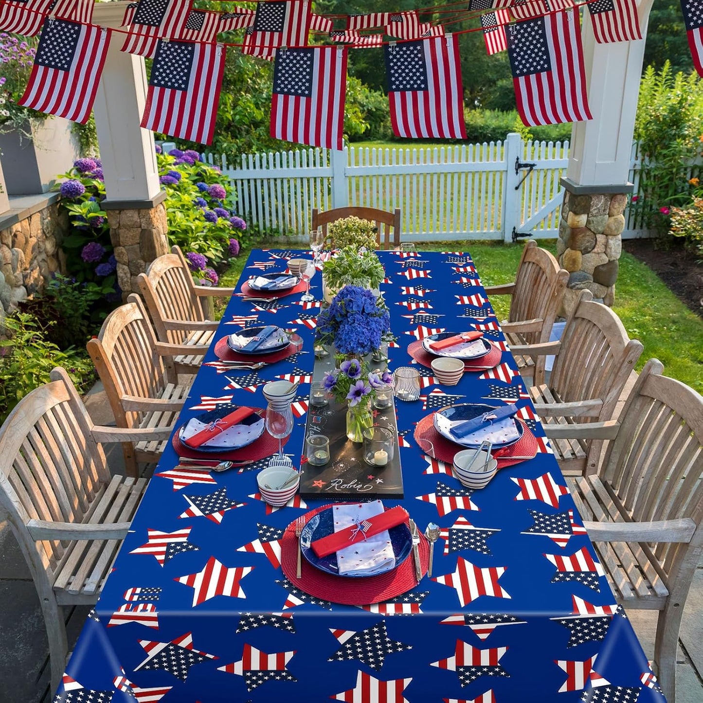 Oudain Patriotic Tablecloth Set - 3 Pcs USA Flag Design | 54 x 108 Inch Disposable Rectangle for 4th of July Parties