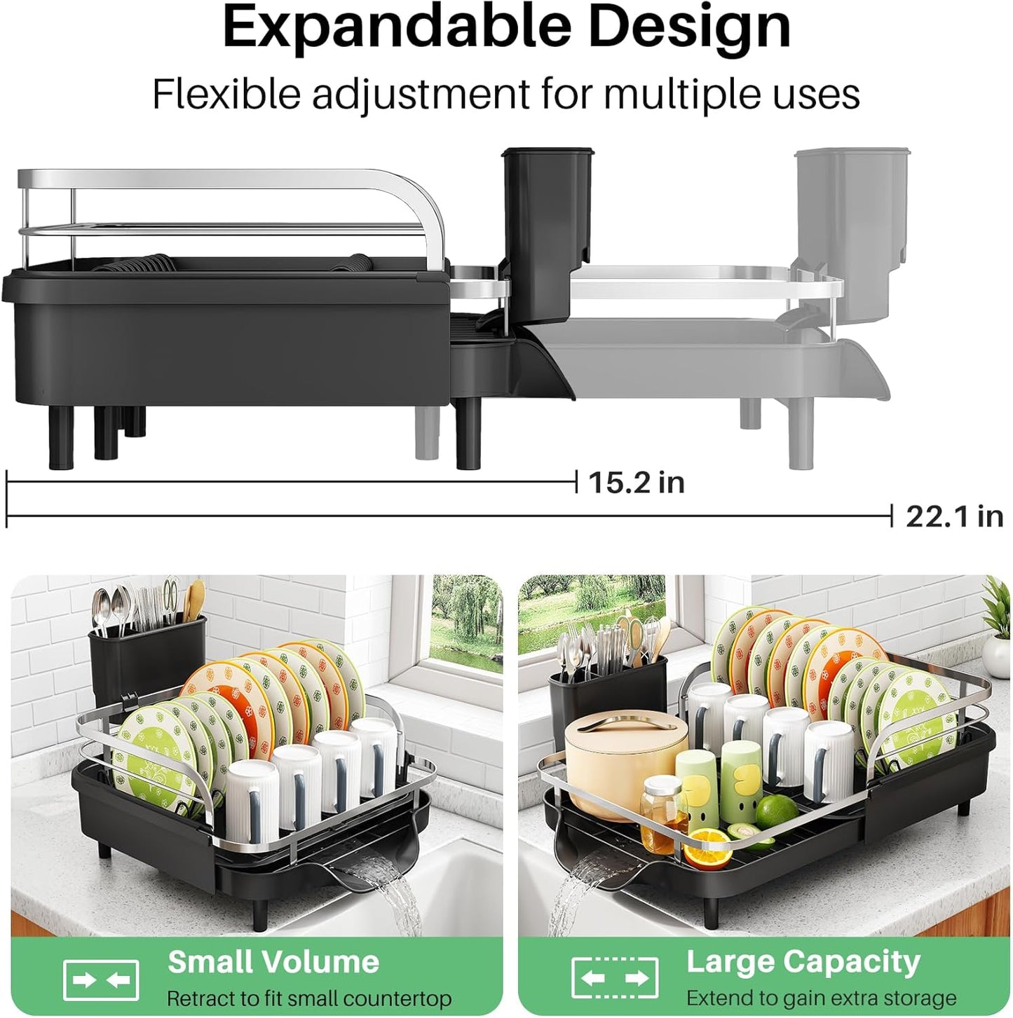 SAYZH Dish Drying Rack - Expandable Rust-Resistant Kitchen Organizer with Utensil Holder | Black