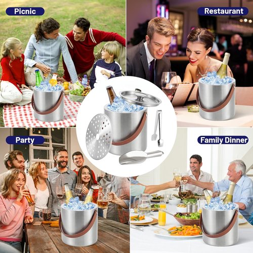 Loungewave Ice Bucket with Lid, 3L Double Wall Insulated Ice Bucket with Scoop, Tong, Strainer and Leather Handle, Ice Container to Keep Ice Frozen Longer, Ideal for Cocktail Bar, Parties