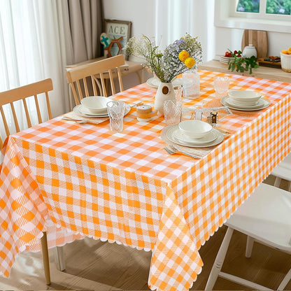 Skiennix 6 Pack Orange Gingham Tablecloths - 54 x 108 Inch Waterproof Disposable Covers for Parties & Picnics