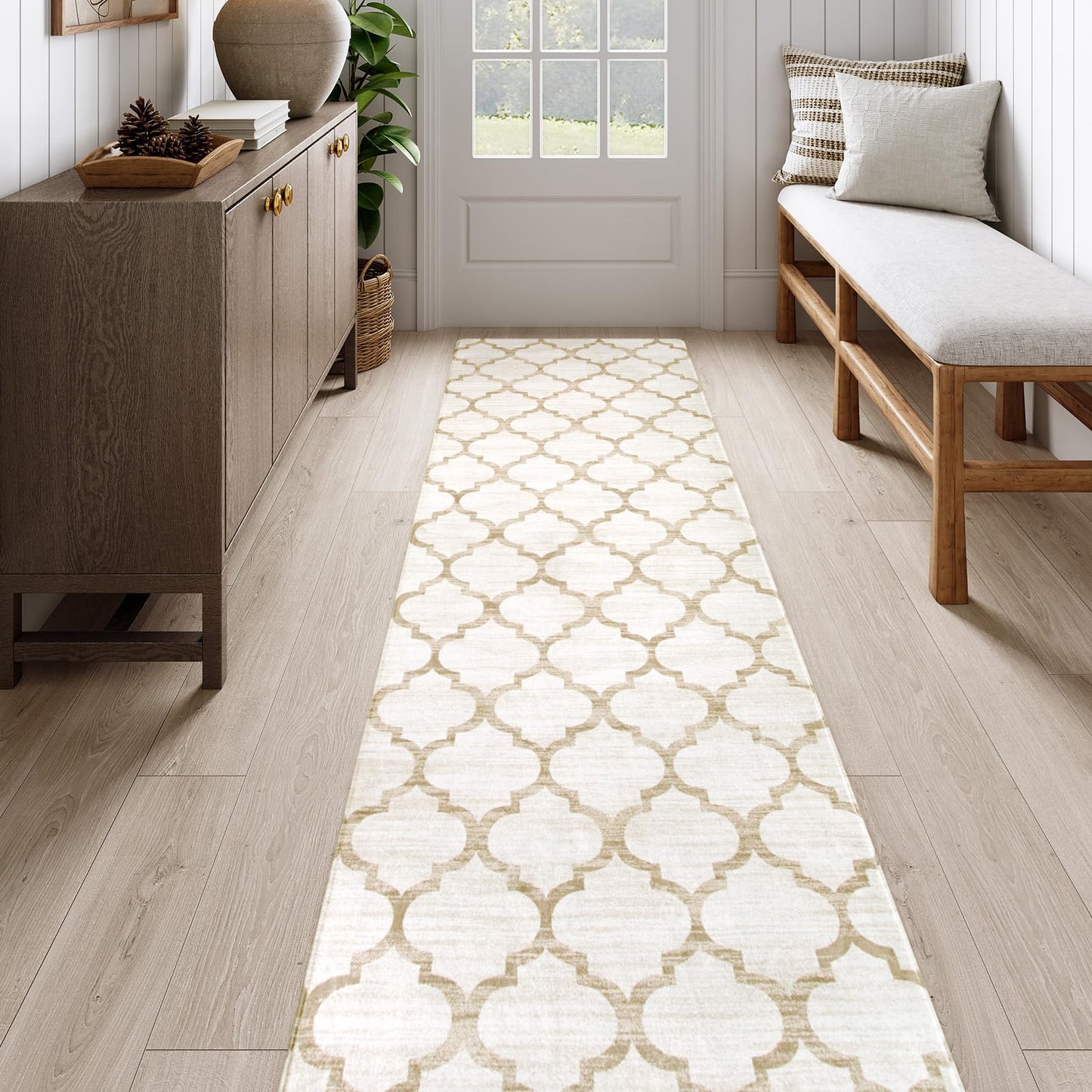 Lahome Moroccan Hallway Runner Rug 10 Ft - 2x10 Runner Rug Washable Non-Slip Kitchen Floor Runner Ultra-Thin Extra Long Runner Rug, Modern Print Carpet Runners for Entryway Stair (Beige, 2'x10')