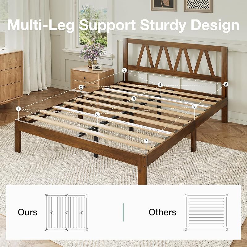 Walnut 12 Inch Queen Bed Frame with Headboard – Solid Wood, No Box Spring Required, Easy Assembly