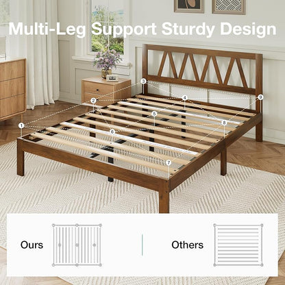 Walnut 12 Inch Queen Bed Frame with Headboard – Solid Wood, No Box Spring Required, Easy Assembly