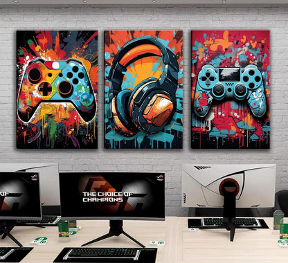 Skiennix Retro Video Game Wall Art - 3Pcs Colorful Neon Gamepad Canvas Prints | 16x24in Ready to Hang