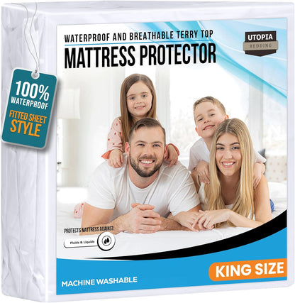Utopia Bedding King Size Mattress Protector - Waterproof Terry Cover with Deep Pockets | Soft & Breathable